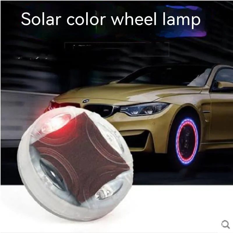 Solar-powered LED valve stem light for car and motorcycle tyres with adjustable colours.