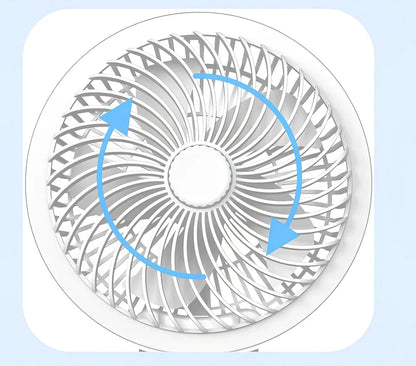 Black 7-inch portable folding desk fan with hook, LED, and temperature display on white background