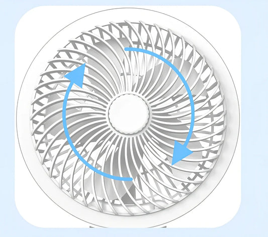 Black 7-inch portable folding desk fan with hook, LED, and temperature display on white background