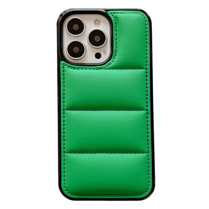 Candy down jacket texture phone case for iPhone in black, white, rose red, or green colours