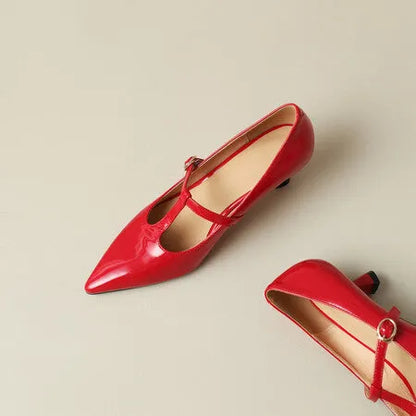 Women's black leather high heel shoes with a square toe and a 6-8cm heel.