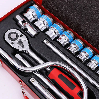 24-piece curved bow car repair wrench and socket set in storage case