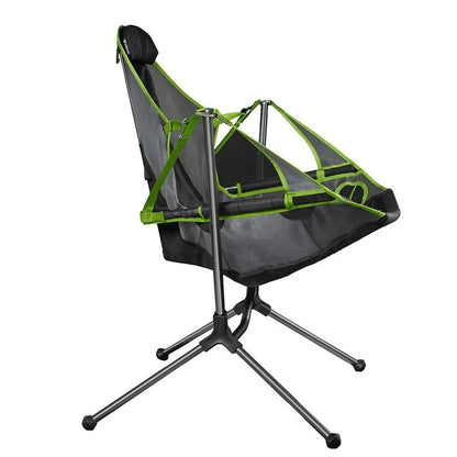 Green folding rocking chair unfolded on beach, 85cm tall with 60cm seat supporting 120kg