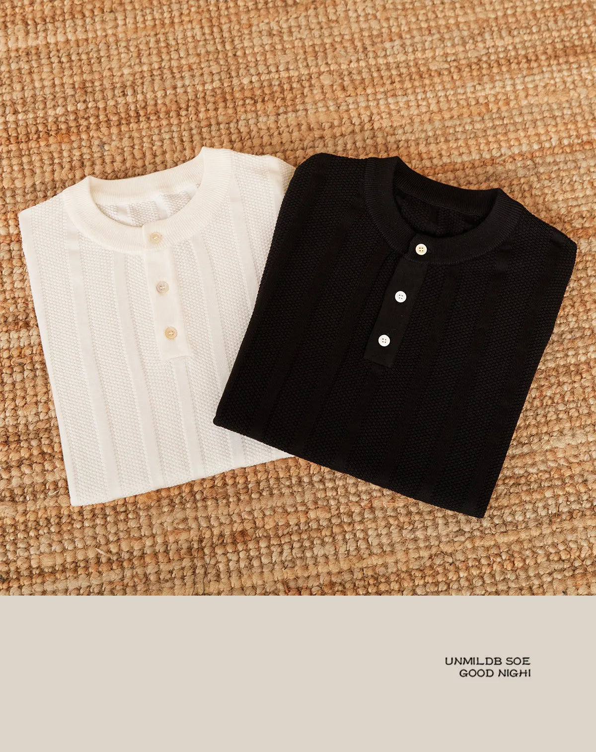 Men's creamy-white cotton T-shirt with a Henry collar and subtle sunken stripe pattern on the chest.
