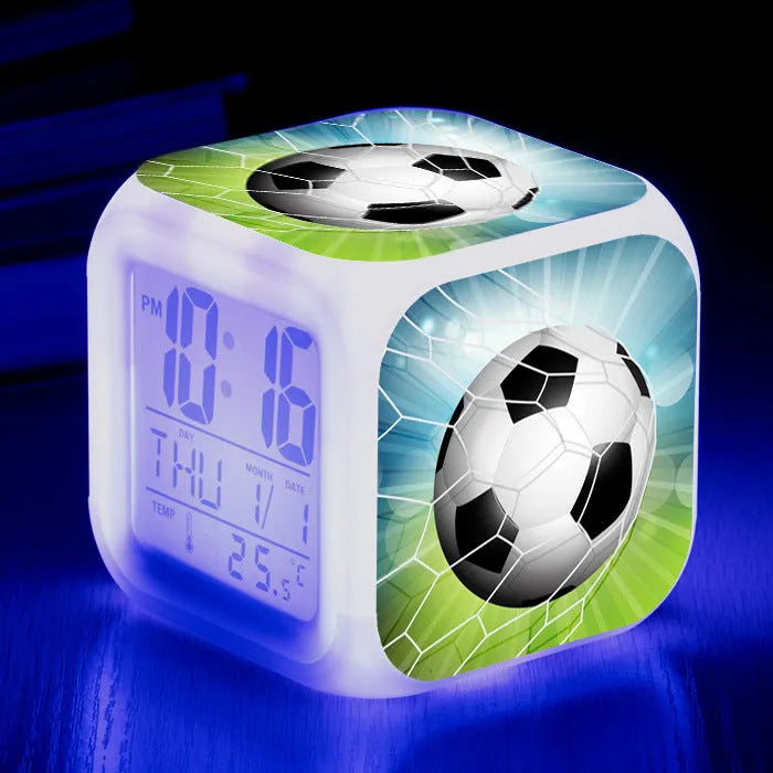Football pattern digital alarm clock with mute function in compact square design