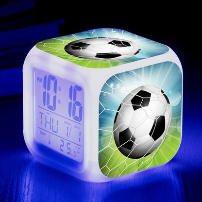 Football pattern digital alarm clock with mute function in compact square design