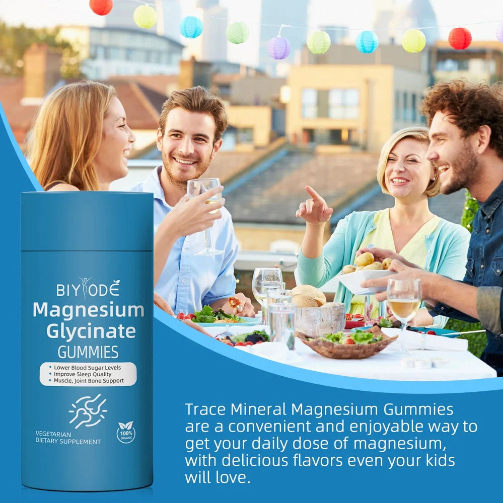 Bottle of 60 magnesium glycinate gummies for immune and muscle support with 2 daily dosage