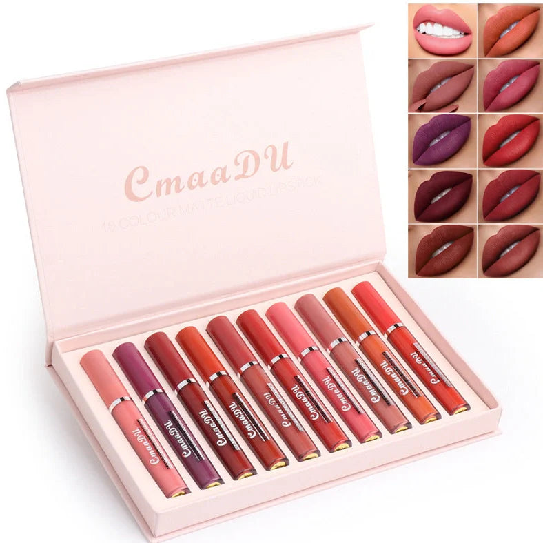 Set of 10 matte lipsticks with non-stick cup waterproof formula in packaging measuring 23.8cm