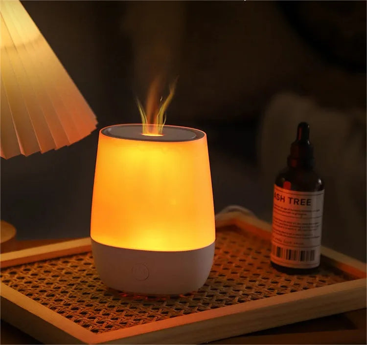 USB aroma diffuser with simulated flame effect, white colour, 125ml water tank capacity, 25ml/h mist output, type-c charging for bedroom aromatherapy and gentle humidification.
