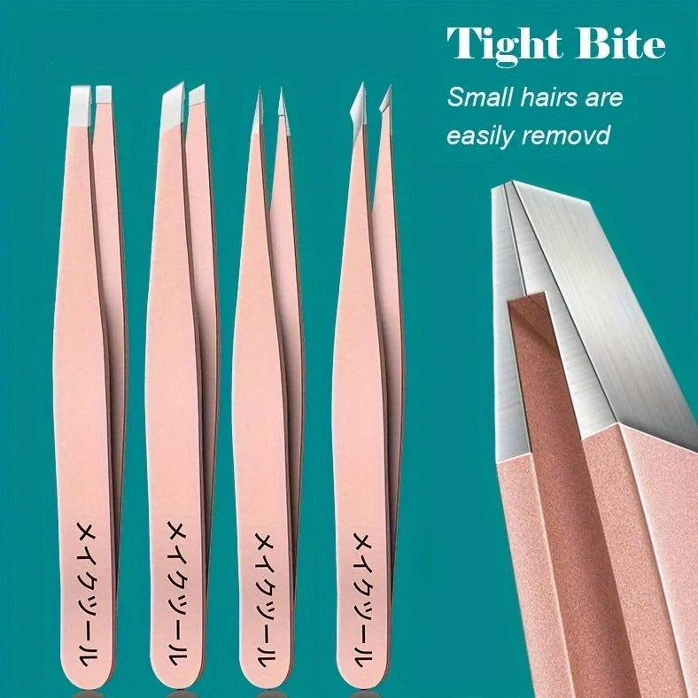 Four stainless steel tweezers arranged together showing 9.5cm length and precision tips