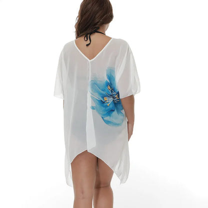 White plus size loose beach cover-up blouse for swimming and sun protection