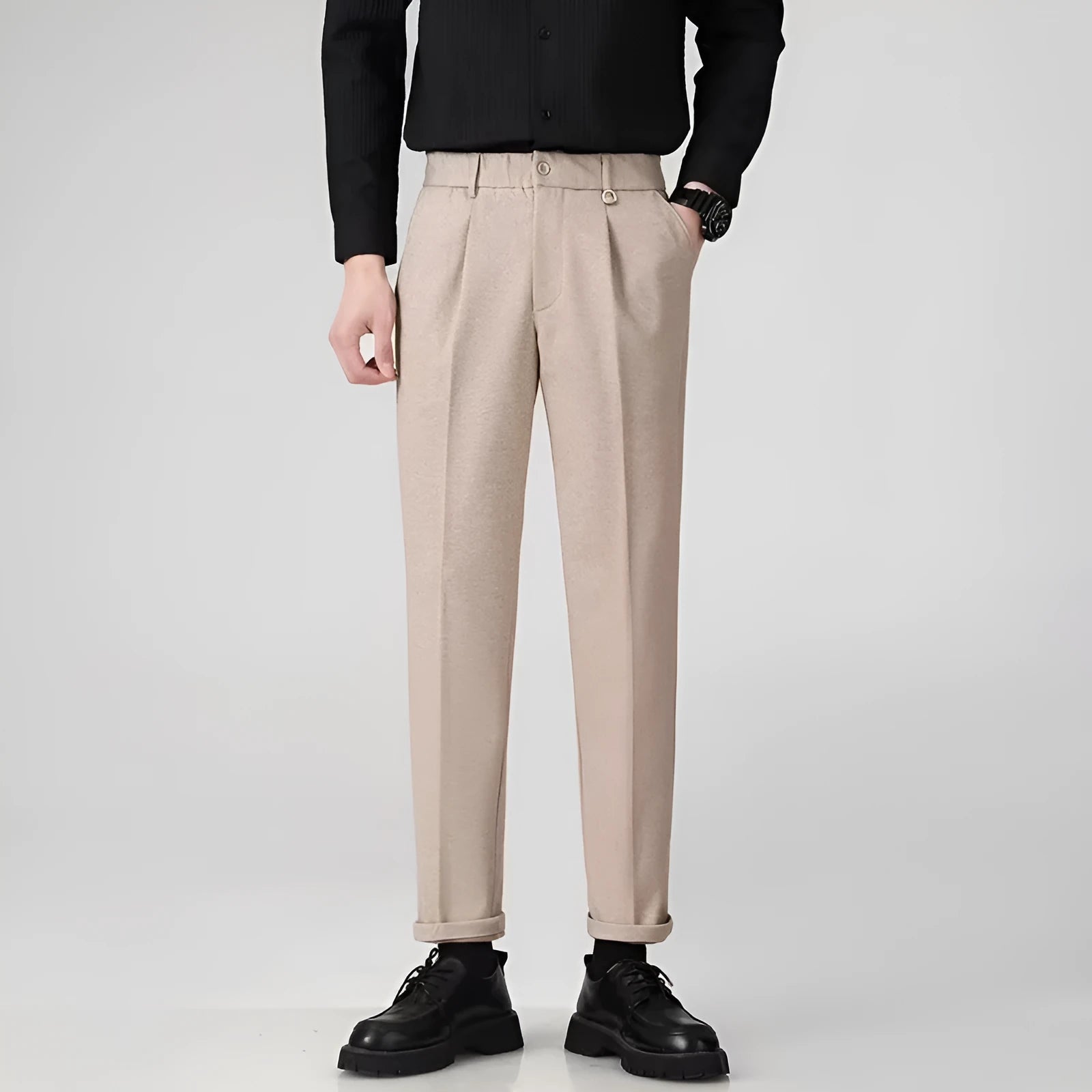 Men's straight-leg casual trousers in draped polyester fabric, shown in khaki colour on a hanger.
