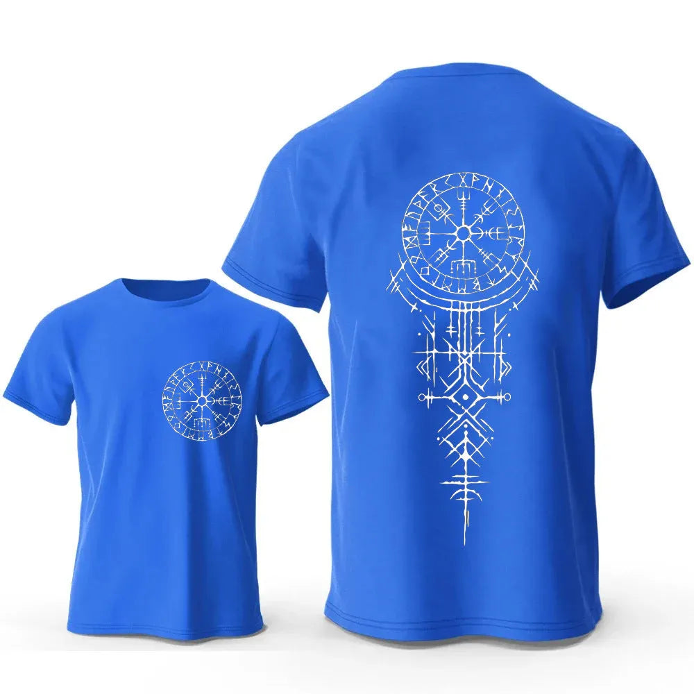 Men's grey cotton T-shirt with a detailed Viking rune compass graphic on the chest.