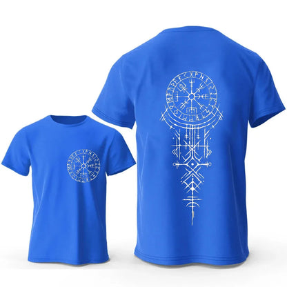 Men's grey cotton T-shirt with a detailed Viking rune compass graphic on the chest.