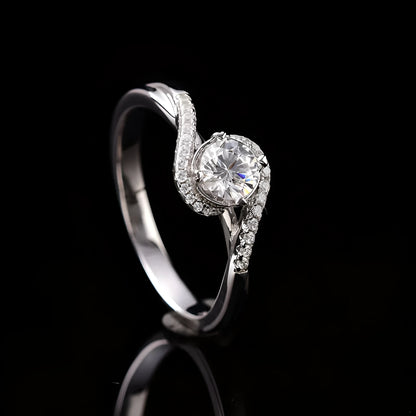 Silver adjustable open mouth women's ring with 8mm synthetic moissanite angel eyes and geometric texture