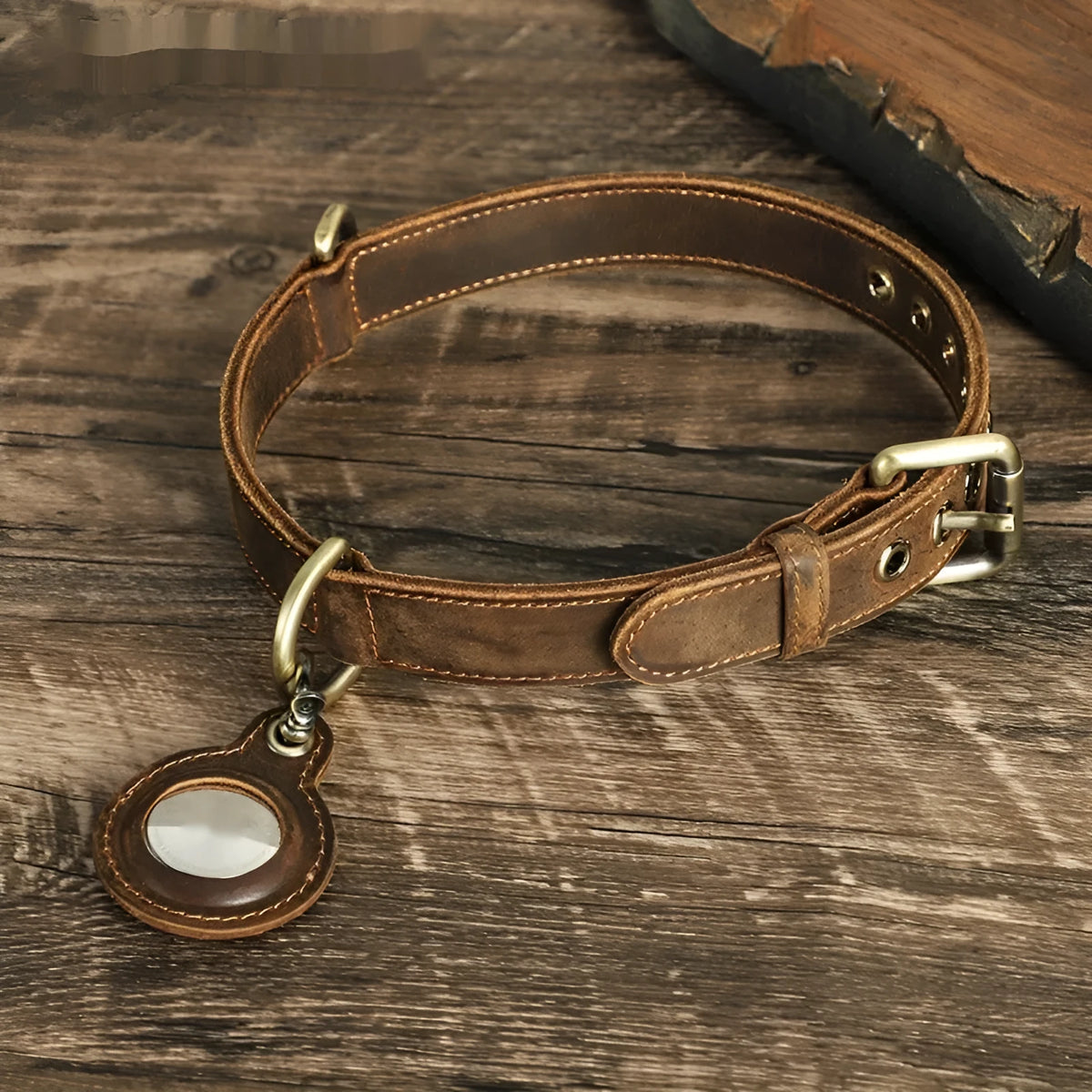 Brown retro-style cowhide dog collar with halter positioning system and lanyard detail