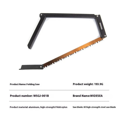 Black foldable outdoor saw with aluminium frame and PA66 nylon handle in open position.