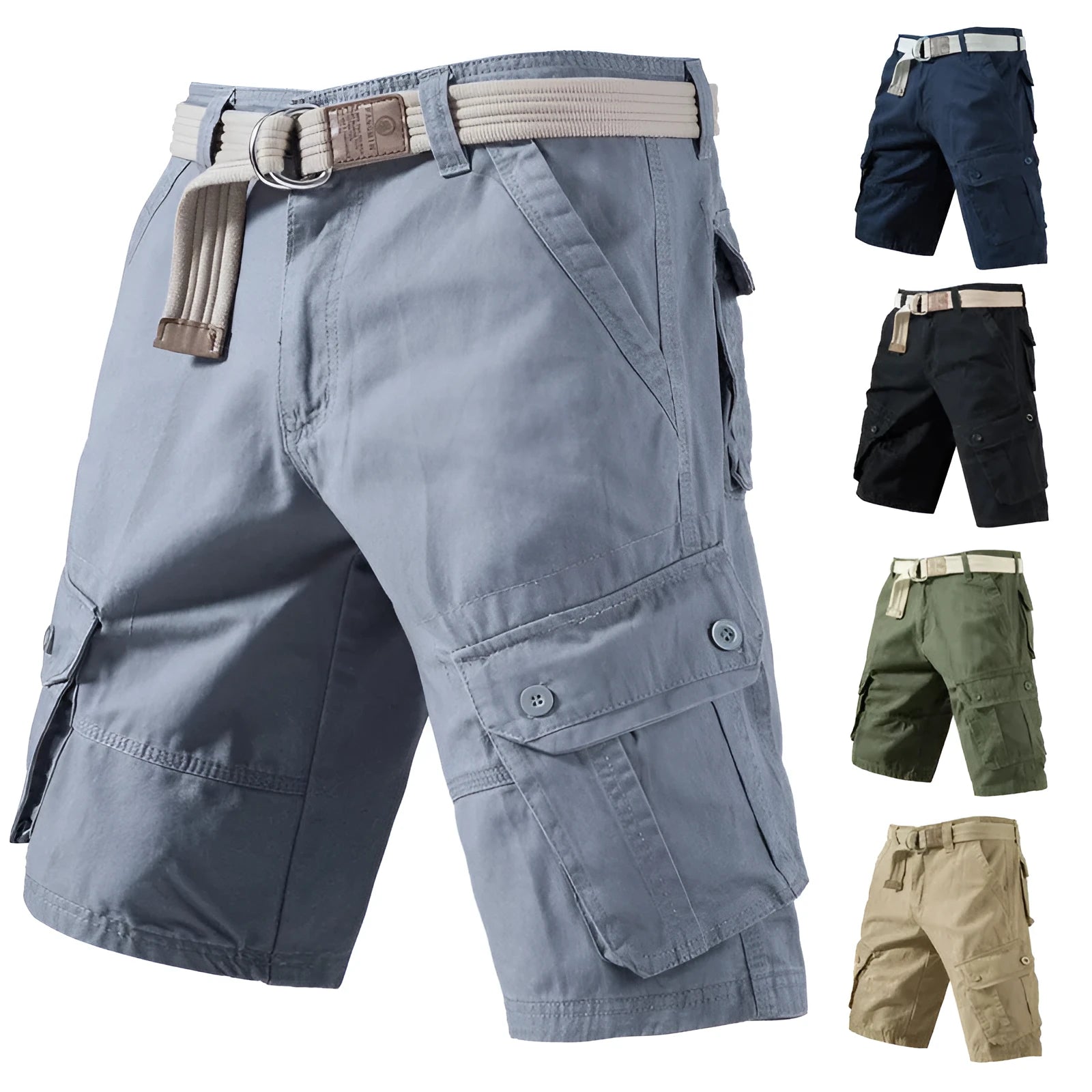 A pair of loose-fit cargo shorts in army green cotton-polyester fabric for summer, shown with multiple pockets.