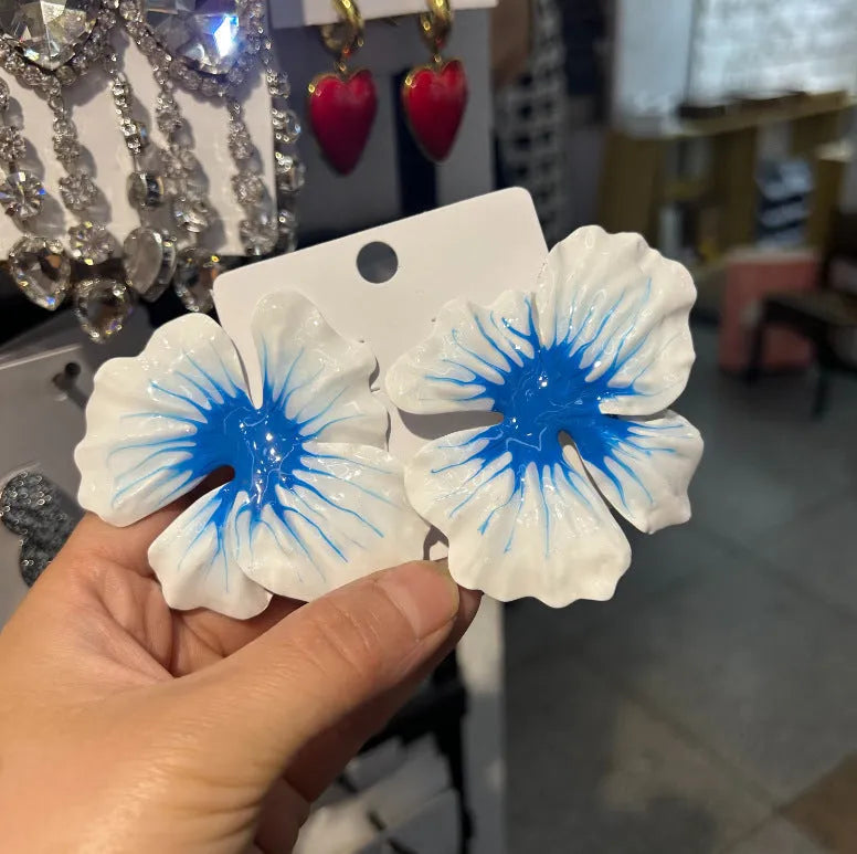Alloy flower stud earrings with oil-spot glaze electroplating in blue, green, purple, and rose colour options