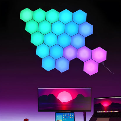 Hexagonal LED wall lamp with colour-changing quantum light panels, remote control, and 5V2A USB plug for bedroom or gaming room walls