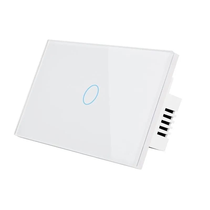 White tempered glass smart touch light switch with blue LED indicator on a UK wall.