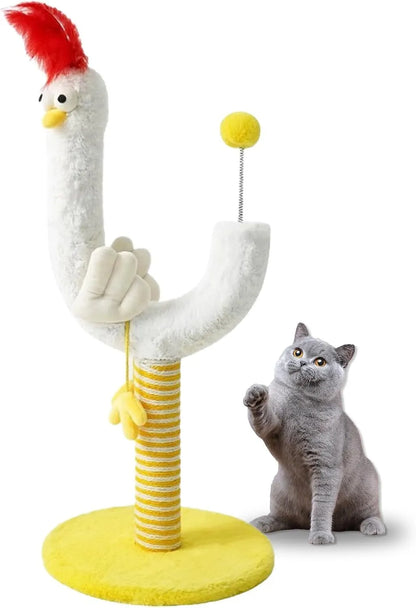 Tall vertical sisal cat scratching post with U-shaped design and spring ball entertainment feature