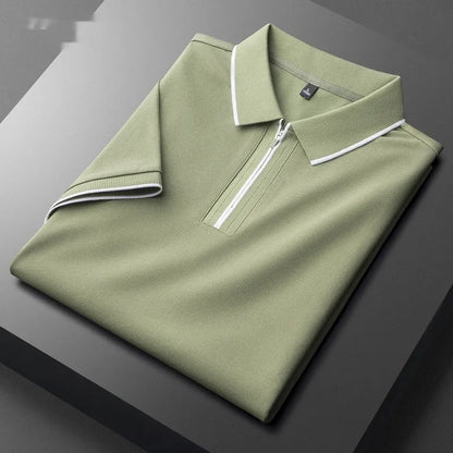 Men's slim fit lapel silk business casual short sleeve top in a cotton blend fabric.