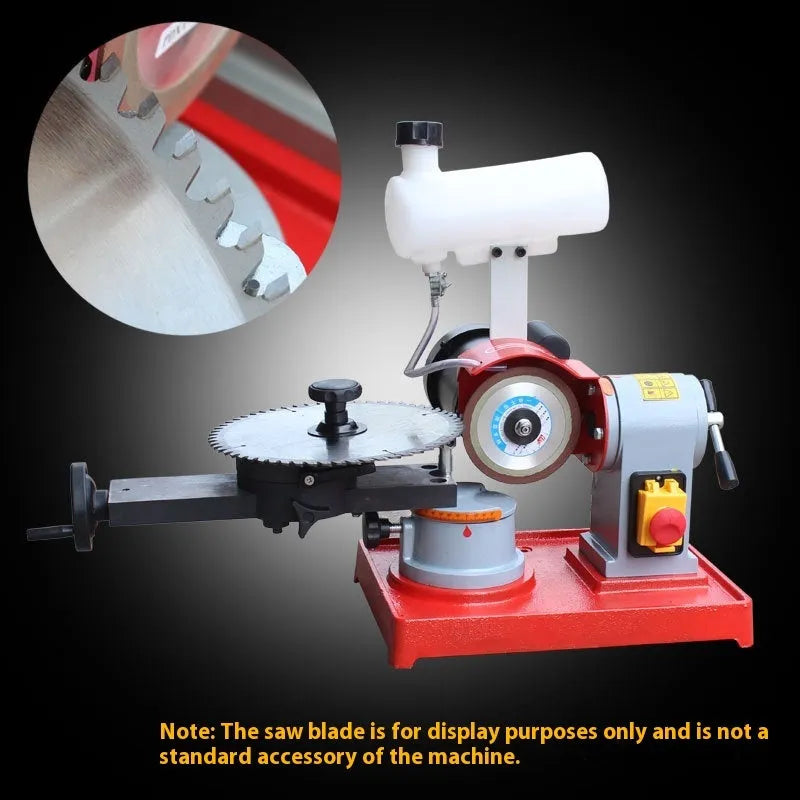 Xiao Mo Wang manual benchtop grinding machine for sharpening alloy circular saw blades on a workbench.