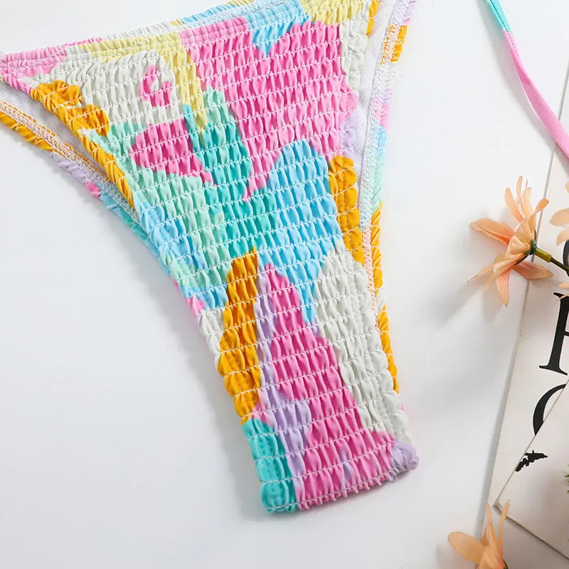 Women's multicolour floral gradient bikini with smocking detail in polyester fabric