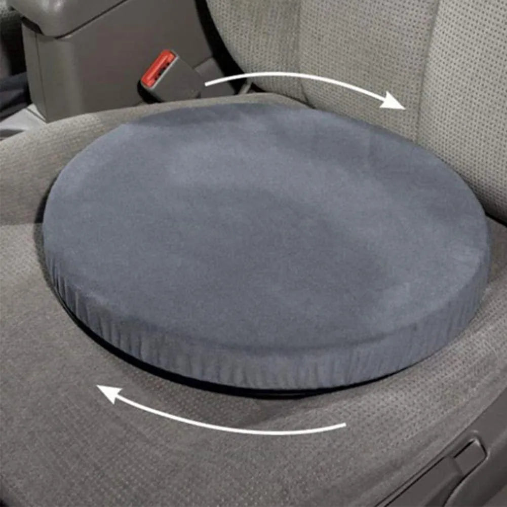 Circular car seat cushion with rotation feature and non-slip base, showing short plush cloth cover