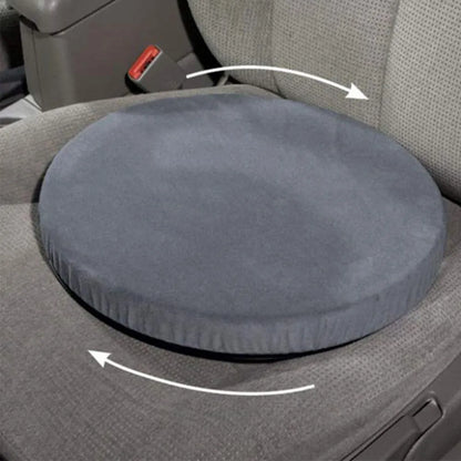 Circular car seat cushion with rotation feature and non-slip base, showing short plush cloth cover