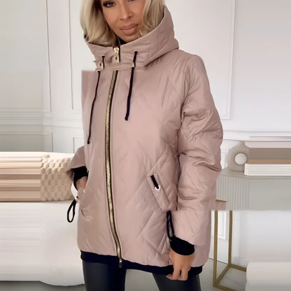 Women's casual black hooded polyester coat with long sleeves on a hanger