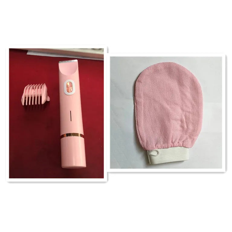 Pink electric shaver with double head, USB cable, and brush for women's body grooming