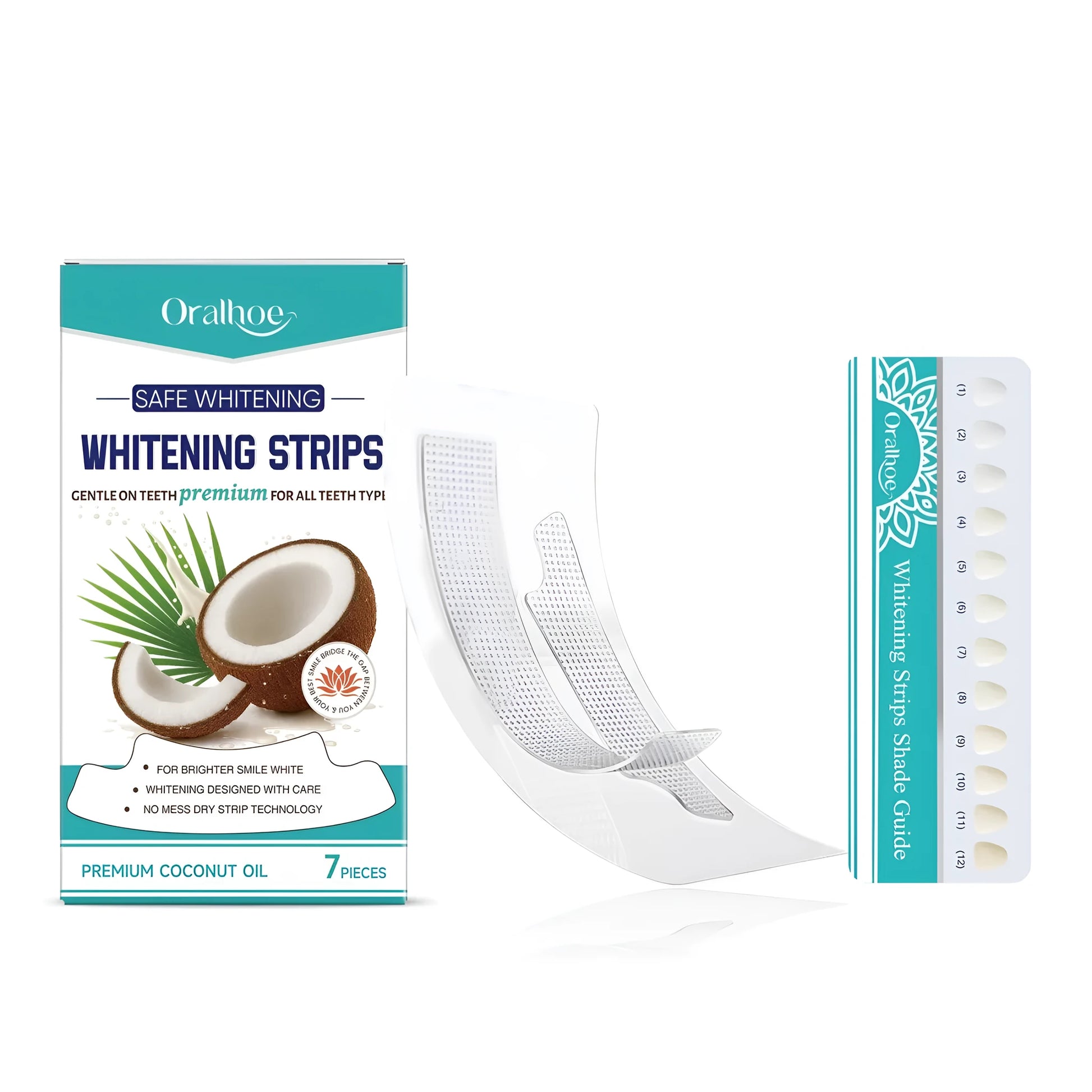 Box of seven whitening dental strips and a tooth shade colour chart for at-home teeth whitening.