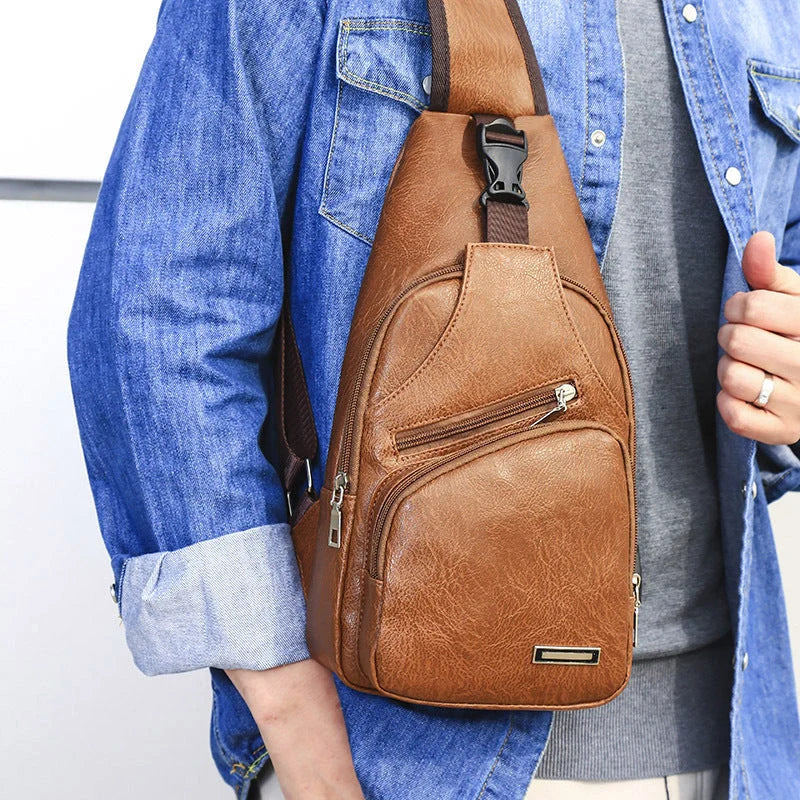Stylish Men's USB Charging Chest Bag in Black, Coffee, and Light Brown colours