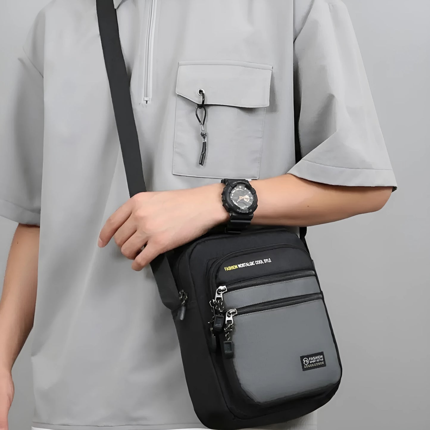 Men's waterproof nylon crossbody bag in urban simplicity style with multiple compartments