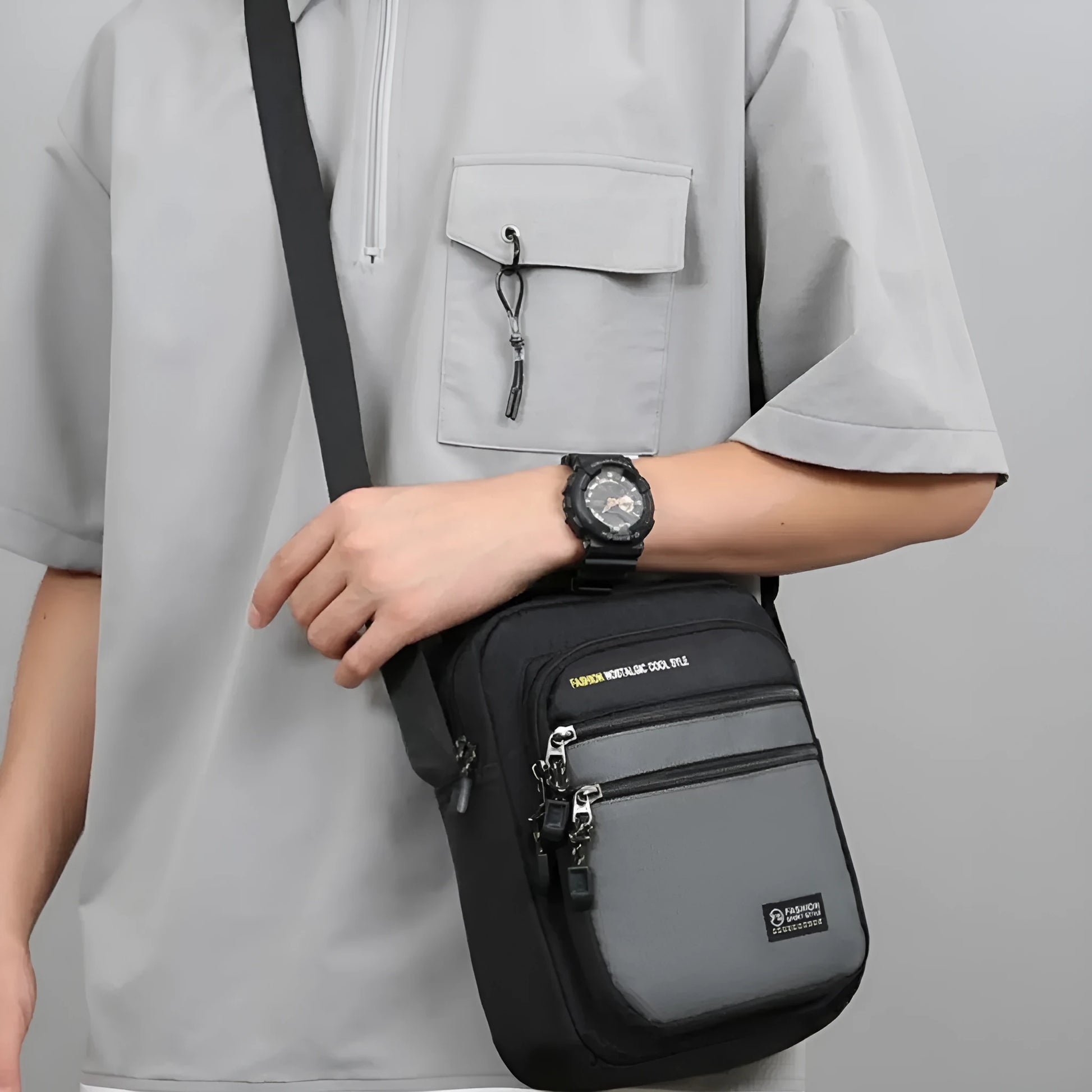 Men's waterproof nylon crossbody bag in urban simplicity style with multiple compartments