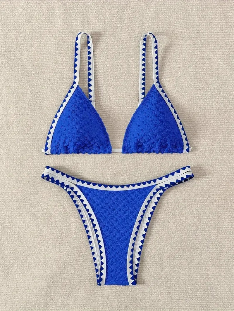 Women's blue or white two-piece bikini swimsuit with briefs style.