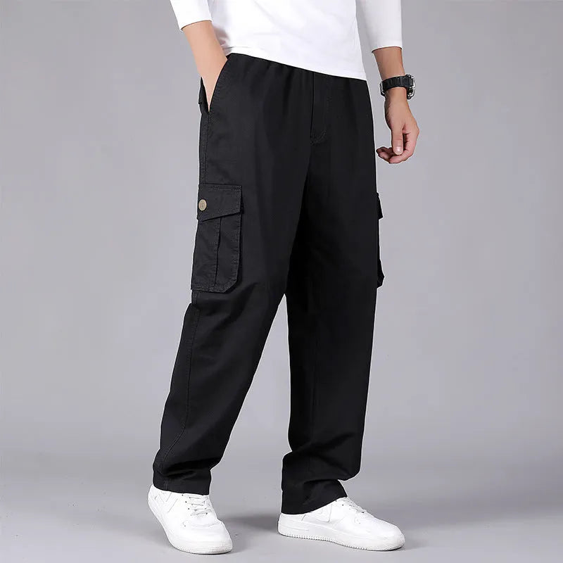 Loose straight leg cotton cargo trousers with multi-pocket, mid waist, zip placket, in black, army green, khaki, or natural yellow.