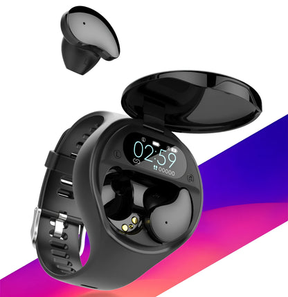 Black smart watch with detachable Bluetooth earphones docked on the side