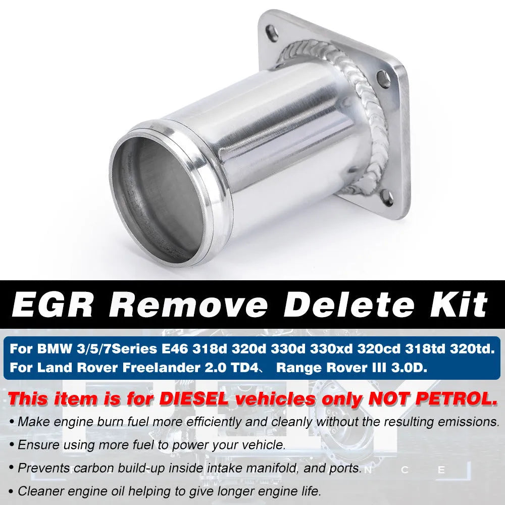 BMW E46 diesel EGR delete kit showing black removal tube, blanking plates, bolts, and vacuum plug