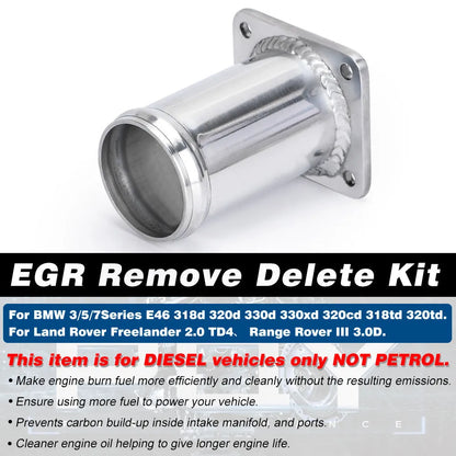 BMW E46 diesel EGR delete kit showing black removal tube, blanking plates, bolts, and vacuum plug