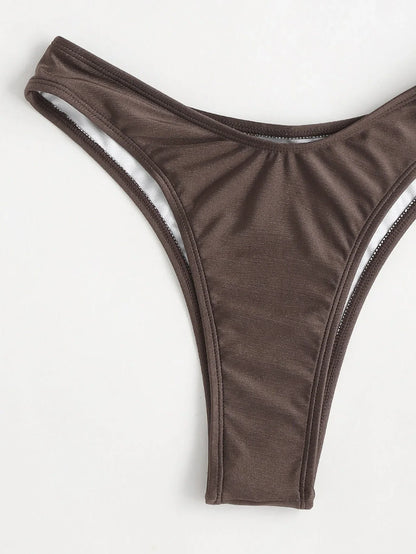 Brown women's U-shape V-neck bikini swimsuit with quick-dry nylon fabric
