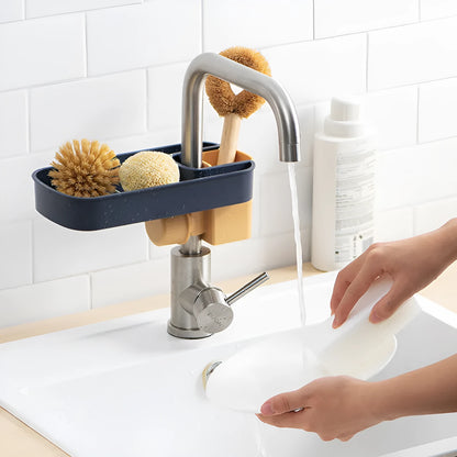 Blue adjustable sink shelf storage basket with soap sponge rack mounted on kitchen faucet