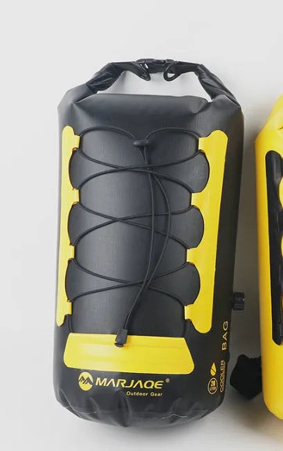 Yellow and black 20-litre PVC waterproof camping backpack with dry wet separation compartments.