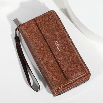 Men's black PU leather wallet showing multiple card slots and 19x10.5x4cm dimensions