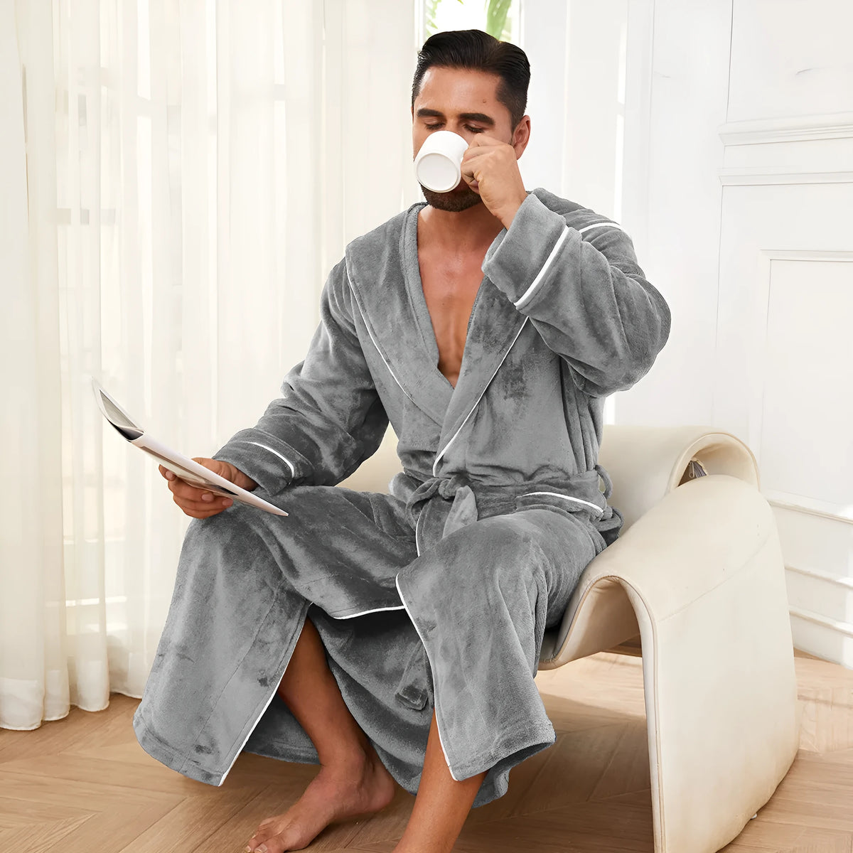 Men's long sleeve flannel bathrobe in light grey, dark blue, or black colours