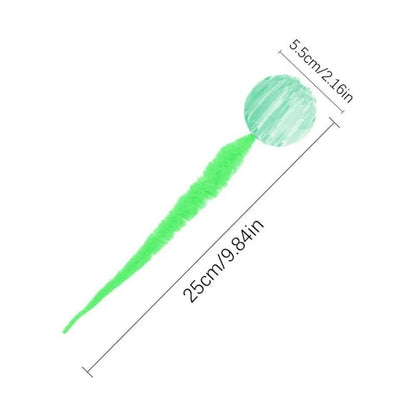 Green interactive cat toy with a bouncy ball and a long worm-shaped tail on a plain background.