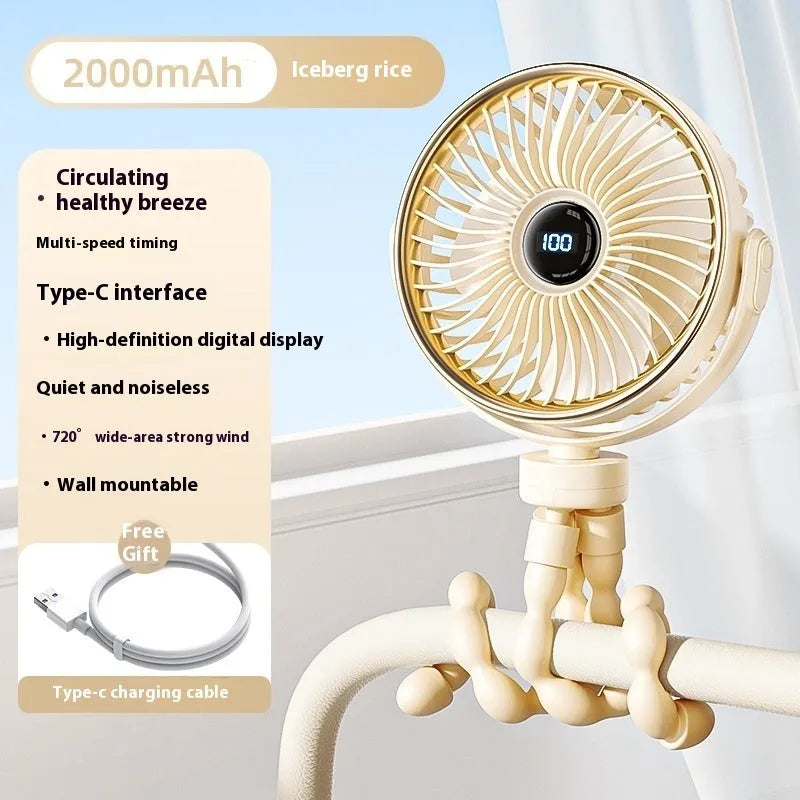 Portable clip-on stroller fan with brushless motor in beige, black, mint green, and glacier colour options