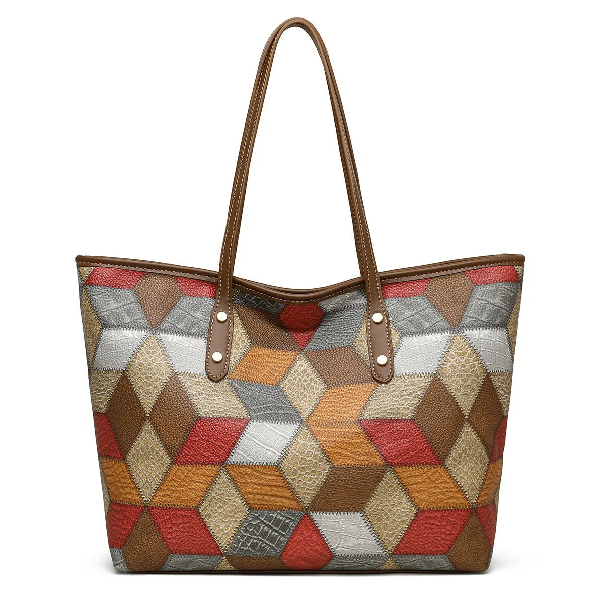 Women's PVC shoulder handbag in blue brown colour with sandwich pocket design and large capacity
